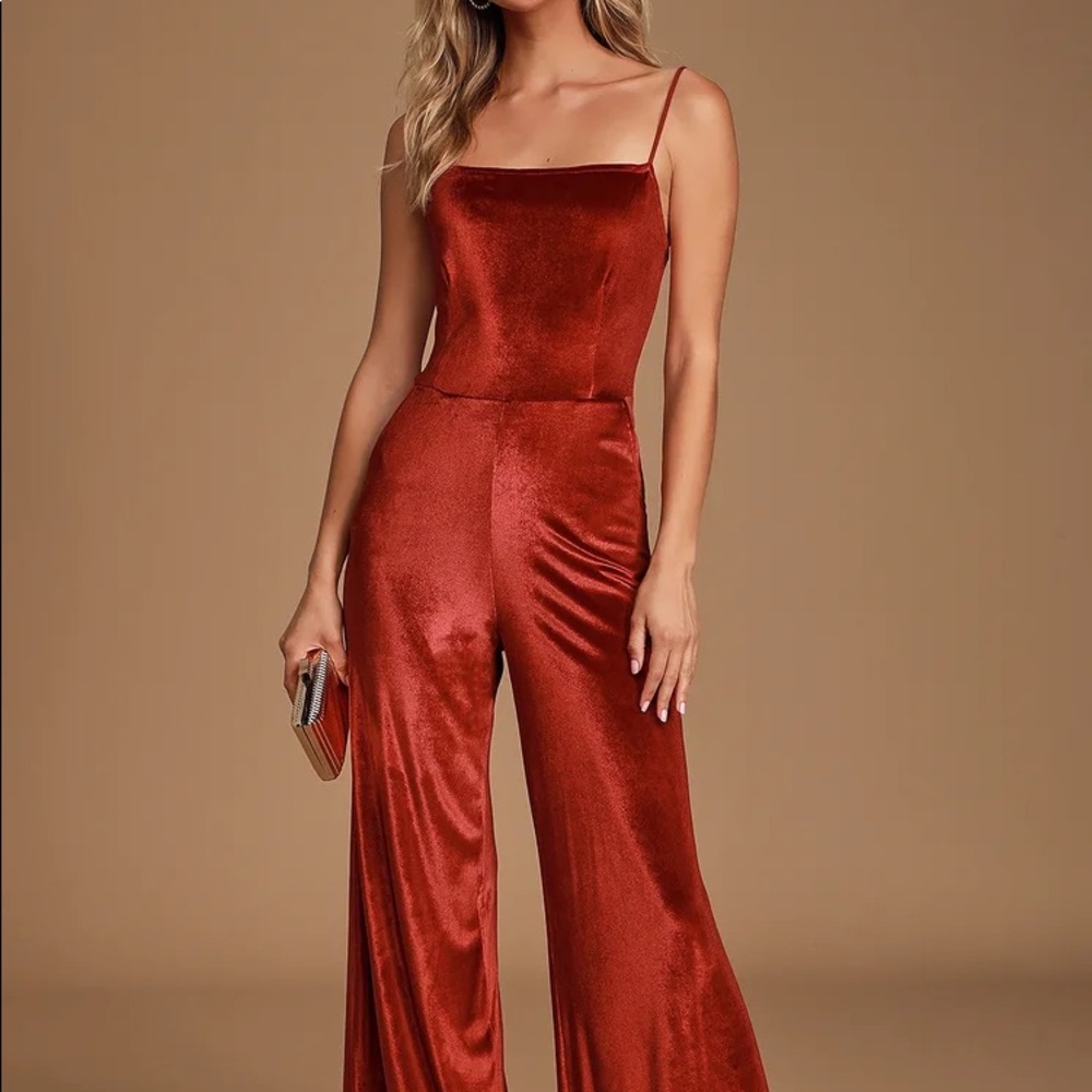 Lulus Red Velvet Backless Wide-Leg Jumpsuit XS new